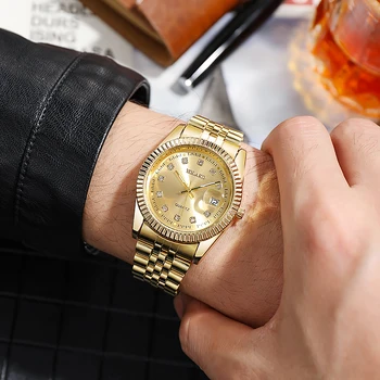 New Fashion Luxury Brand Watches Men's  Golden Full Steel Quartz Wrist Watch