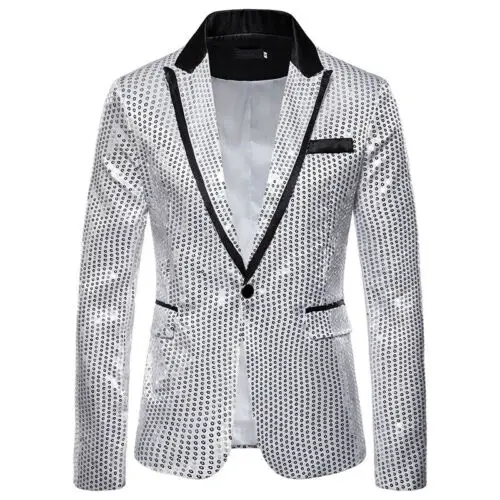 Ретро Роскошный мужской блейзер весенний модный бренд блестки ярче высокого качества хлопок Slim Fit мужской костюм мужские пиджаки - Цвет: Серебристый