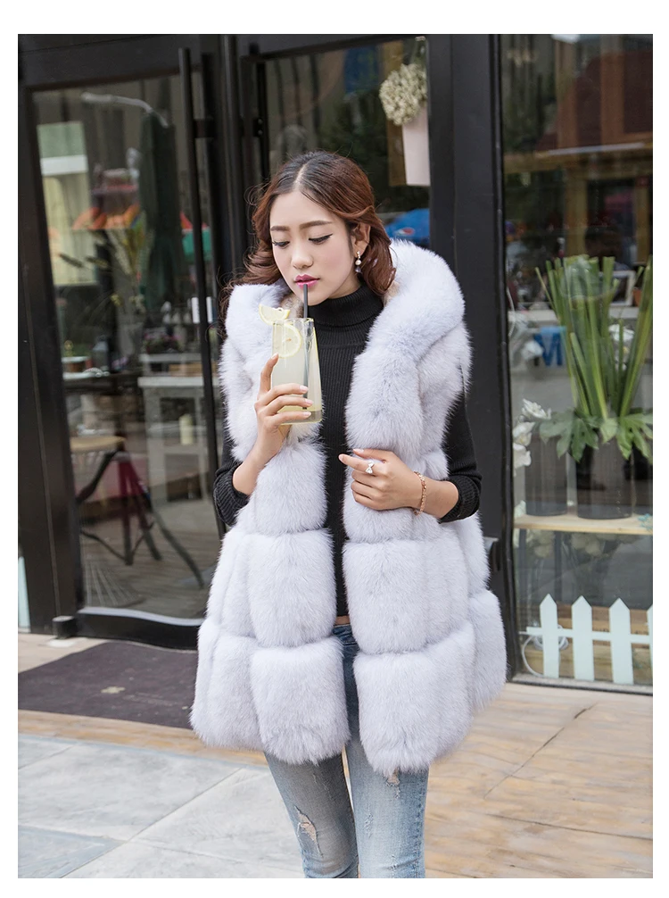 women's clothing winter real natural genuine new whole skin fox fur vest hooded vest cape coat long style 1013