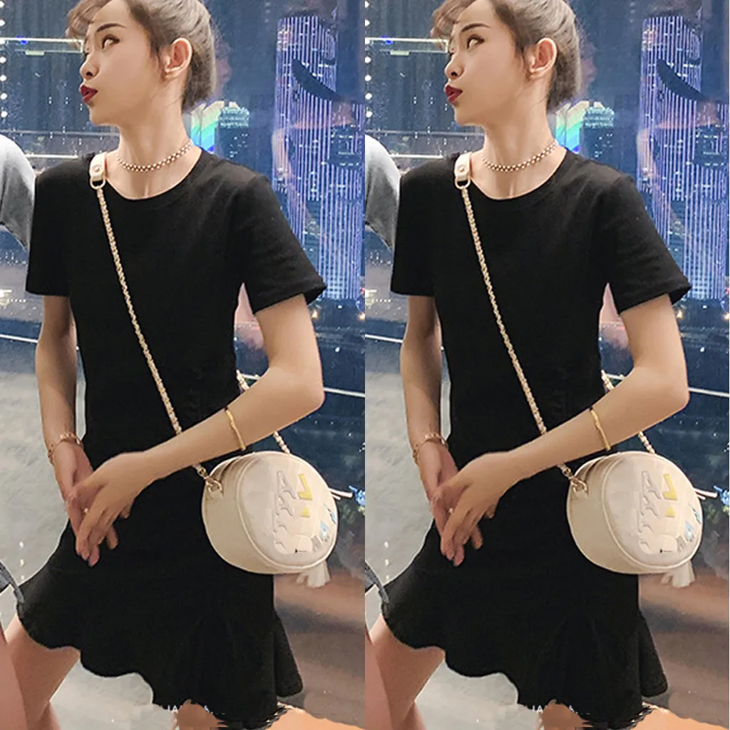 Jaycosin Fashion Summer Casual O-Neck Short Sleeve Elegant Women Summer Long Dress Ladies Slim Thin Solid Ruffles Knee Dress 319