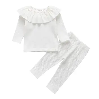

2pcs Toddler Baby Girls Clothes Set Lovely Sweet Long Sleeve Solid Ruffled Collar Tops and Pants Fashion Korean Suits