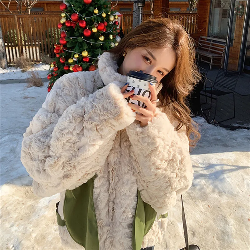 買取 正規 品 女性のための厚いウサギの毛皮のジャケット ポケットのコート 韓国の女性のファッション トレーニングウェア スタンドカラー フェイクファー オーバーコート 冬 22 正規品 Www Opshub Com