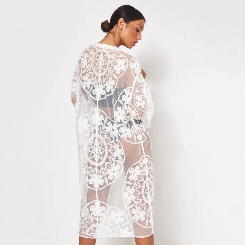 Вышитое парео купальный костюм накидка на шнуровке Прозрачный женский пляжный