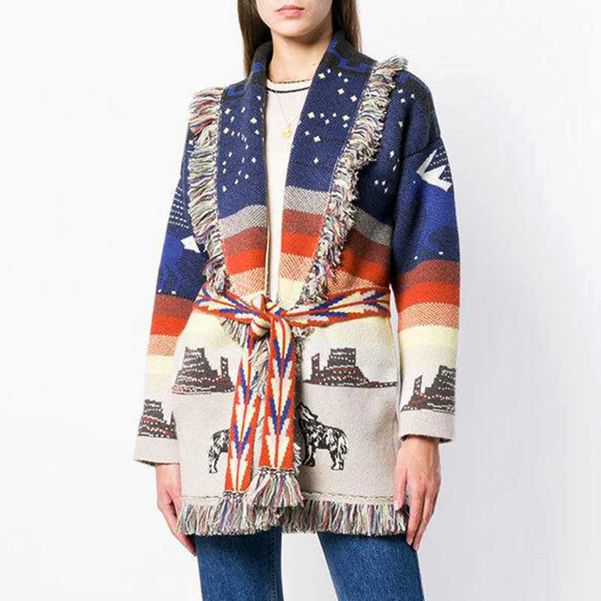 Jastie Retro Tassel Embroidered Jacquard Cardigan