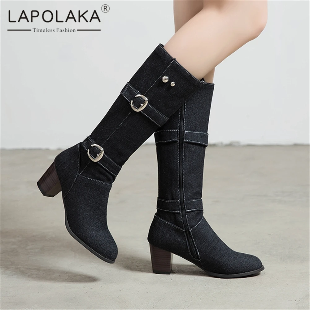 

Lapolaka New Fashion Plus Size 34-48 Add Fur Autumn Winter Boots Women Shoes Woman Zip Up Chunky Heels Mid Calf Boots Female