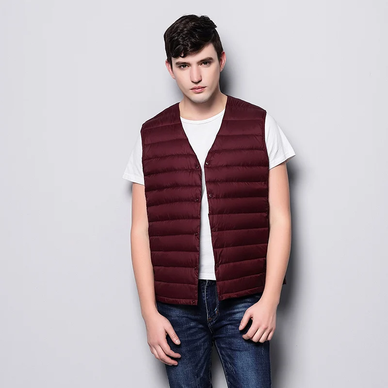 Nice New Fashion Ultra Light Down Vest Men Spring Autumn Sleeveless V-Collar Vest Male Casual Winter White Duck Down Vest Male - Color: Burgundy