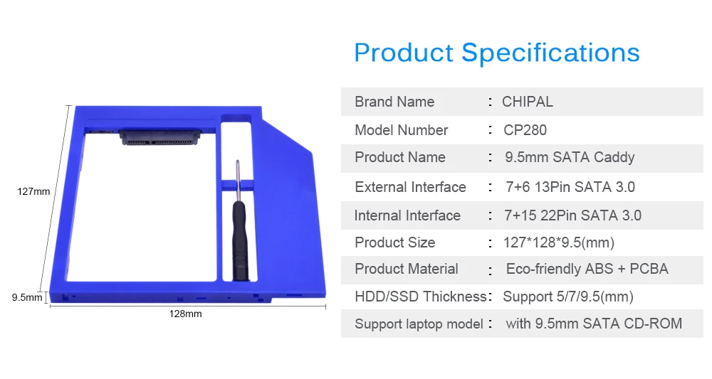 CHIPAL пластик 2nd HDD Caddy 9,5 мм 9 мм SATA 3,0 для 2," 2 ТБ SSD чехол Корпус жесткого диска для ноутбука Оптический отсек DVD-ROM