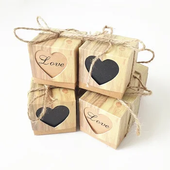 

50pcs Romantic Vintage Heart Kraft Paper Candy Box With Burlap Twine Wedding Favors And Gifts Bag Party Wedding Decor Supplies
