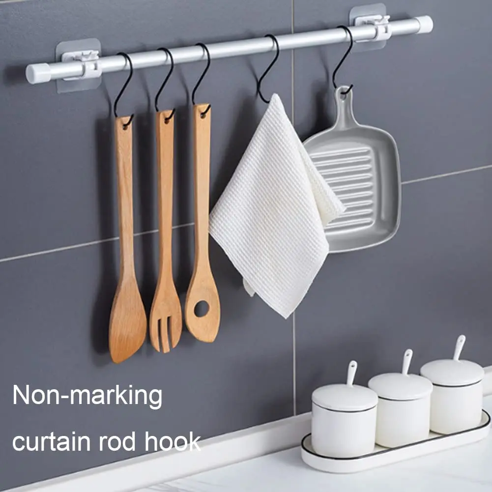 2/4pcs Self Adhesive Curtain Rod Bracket No Drill Drapery Hooks Holder Plastic Sticky Curtain Rod Hooks for Kitchen Bathroom