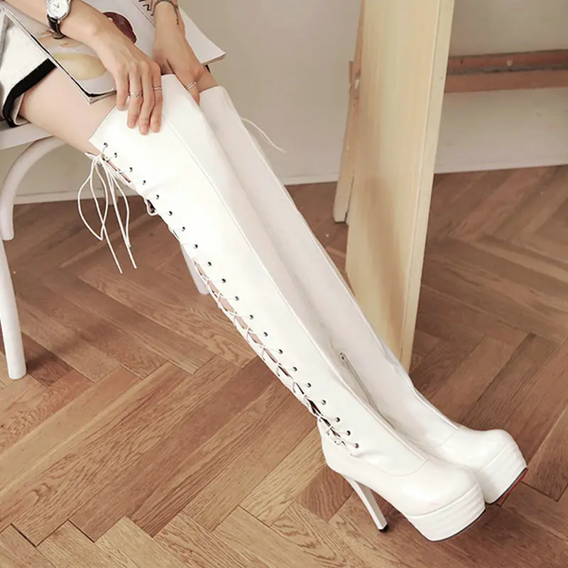 

Lady Sexy Over The Knee Boots Women Shoes Fashion Side Cross-tied Thigh High Boots Patent leather Platform Super High Heel Boots