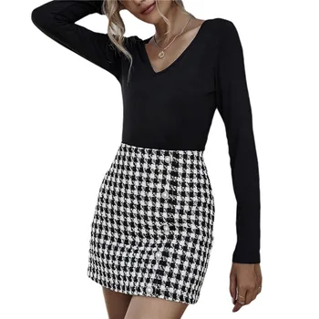 

Xingqing New Fashion Lady A-line Skirt High Waist Skirt Pearl Decorated Mini Plaid Tight Skirts Ladies Skirts Streetwear