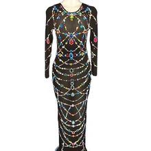 

Sparkling Inlaid Colorful Diamonds Net Yarn Women Dresses Skinny Elastic Dresses Nightclub Singer Dancer Performance Stage Wear