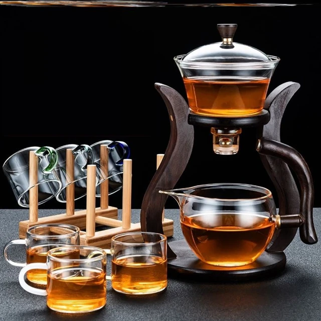 RORA Lazy Kungfu Glass Tea Set Semi Automatic Drip Rotating with Infuser  Glass Teapot Set (6 cups)