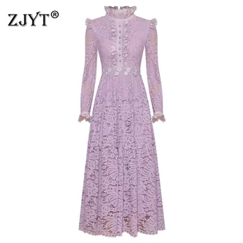 

High Quality Fashion Runway Dress Designers Women 2020 New Long Sleeve Ruffled Neck Beading Floral Embroidery Lace Party Dress