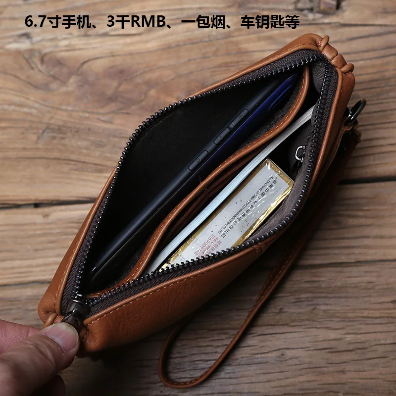 NZPJ Men's Leather Long Wallet First Layer Cowhide Zipper Clutch Bag Retro Bank Card Case Soft Leather Phone Case Coin Case
