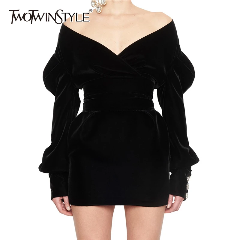 TWOTWINSTYLE Sexy Party Dress For Women Off Shoulder V Neck Puff Sleeve High Waist Dresses Female 2020 Autumn Fashion New