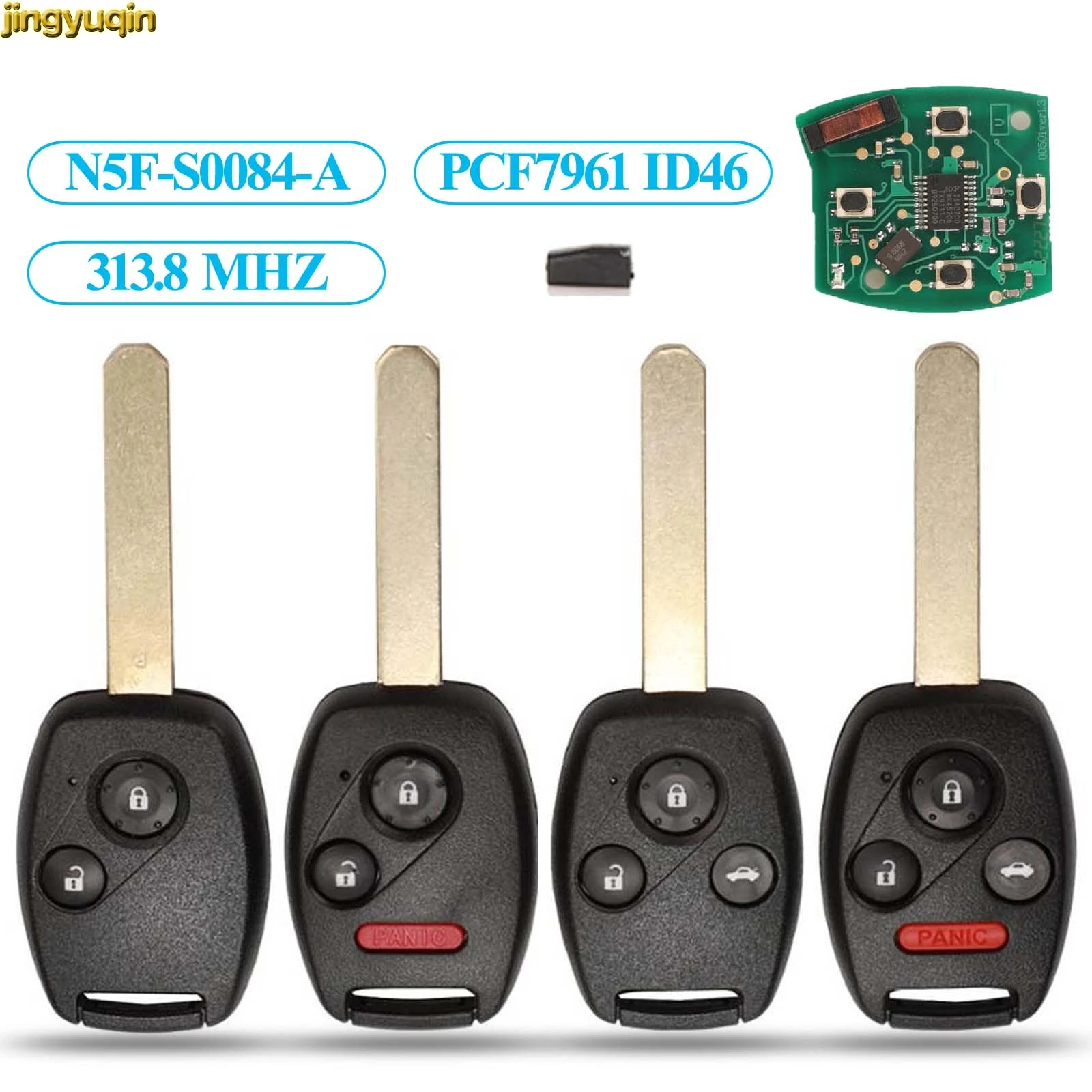 

jingyuqin Remote Key with PCF7961 ID46 Chip Car Alarm Control For S0084-A 313.8MHz for Honda CIVIC STREAM 2/3/4 Buttons