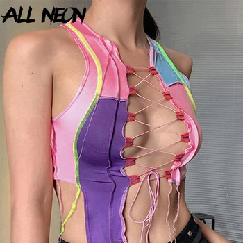

ALLNeon E-girl Style Fashion Lace Up Hollow Out Front Sleeveless Tank Tops Chic Patchwork Sew Sexy Party Tops Streetwear Pink