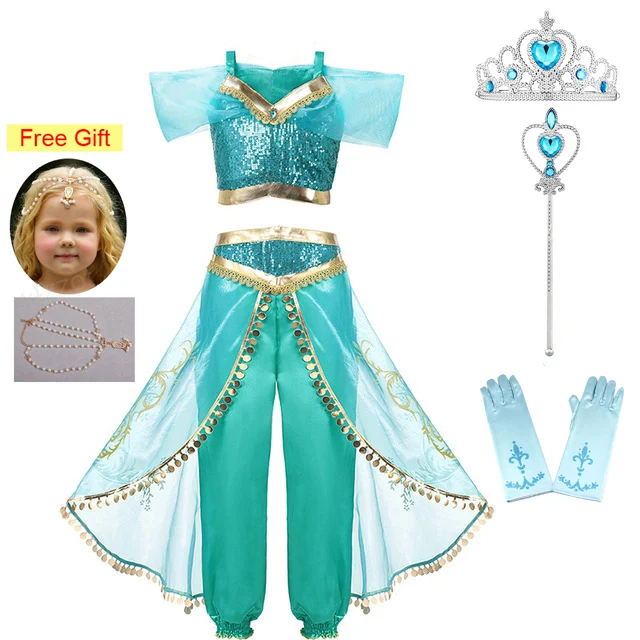 Jasmine Set-4 Платье принцессы для девочек костюм Жасмин вечерние нарядное платье принцессы Костюмы Комплект Топ и штаны для детей, с рисунком "Аладдин" Волшебная лампа с бесплатным подарком - Цвет: Jasmine Set-4