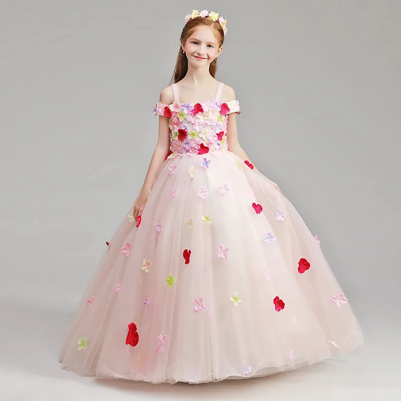

2020Korean Sweet Children Girls Pink Color Appliques Flowers Shoulderless Collar Birthday Evening Party Princess Fluffy Dress