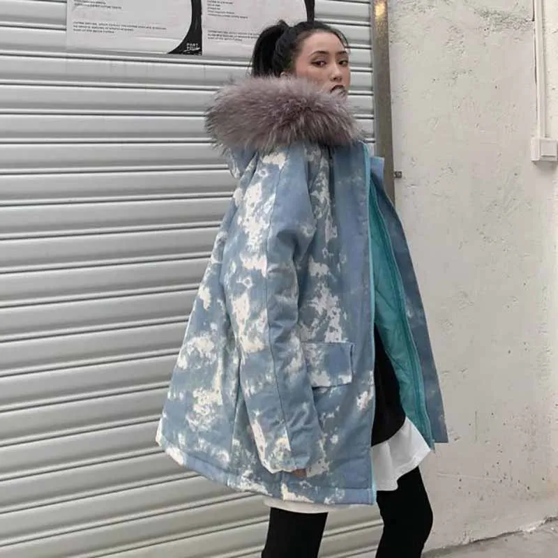 Женский корейский стиль свободный ins Harajuku стиль зима толстый средней длины камуфляж с капюшоном хлопок куртка верхняя одежда