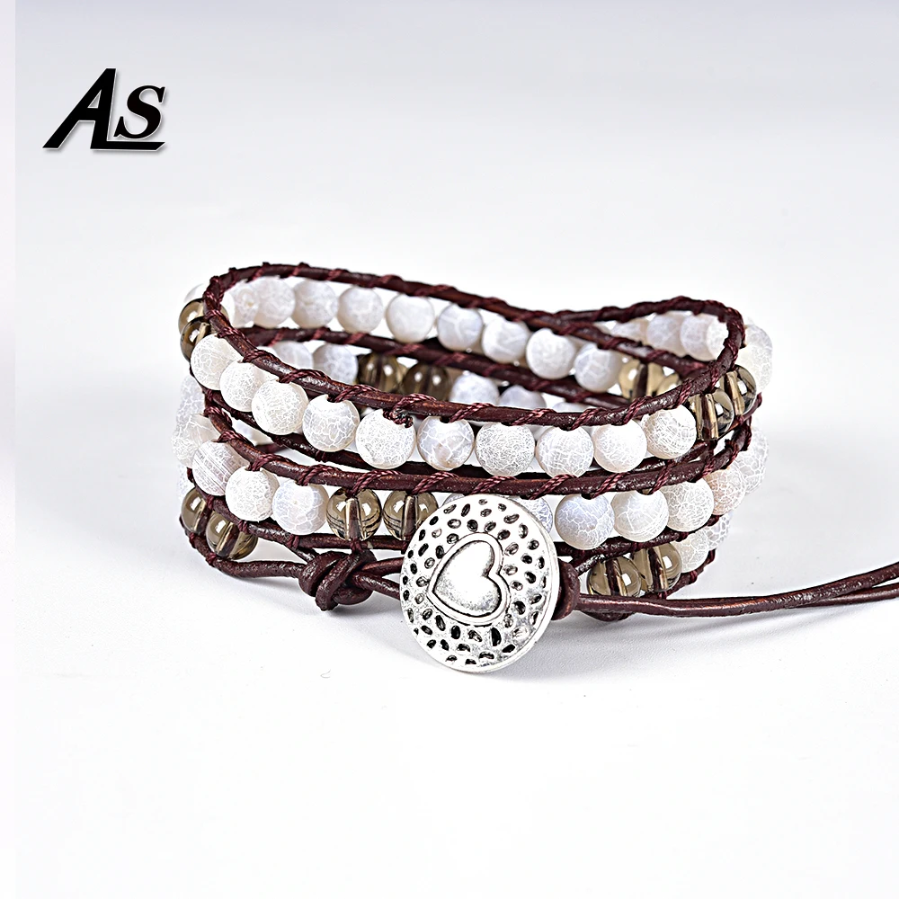 

Asingeloo Matte White Frost Cracked Natural Stone Charm 3 Strands Wrap Bracelets Hangles Handmade Boho Women Leather Bracelet