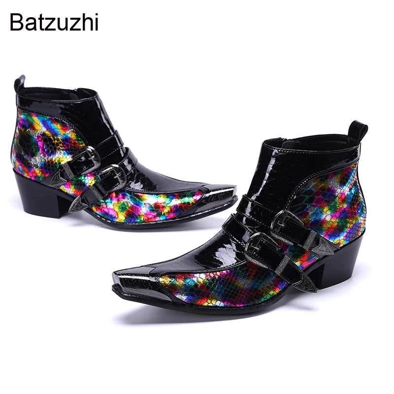 

Batzuzhi Luxury 6.5CM Heels Men's Boots Shoes Metal Toe Genuine Leather Ankle Boots Men Muti Knight Botas Hombre Party/Wedding