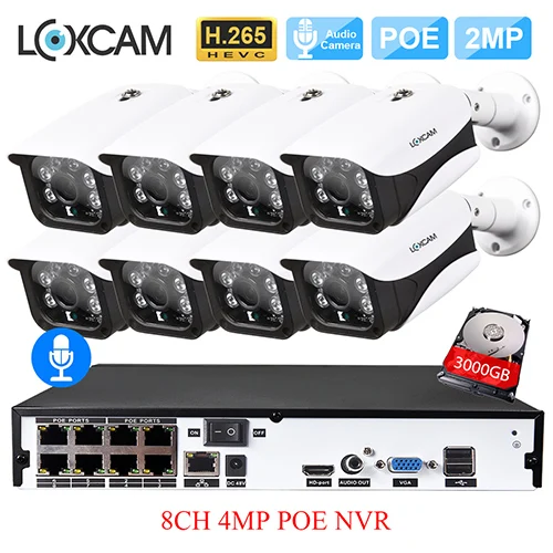 8CH NVR x 8 Cameras LOXCAM H.265+ 4MP POE система NVR 48V 1080P 2MP@ 25fps IP66 безопасности наружного аудио запись POE IP Камера видео набор для наблюдения 2 ТБ - Цвет: 8CH NVR x 8 Cameras