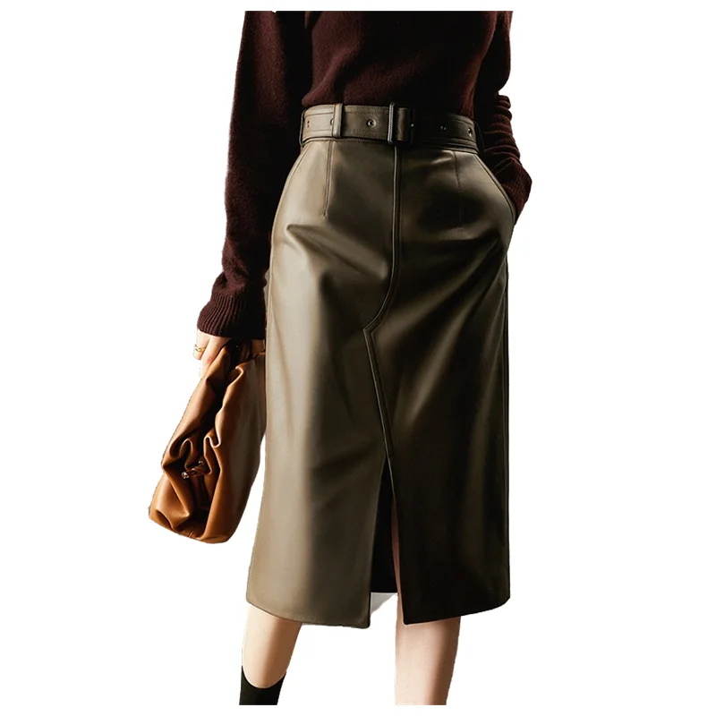 Women's Chic Sheepskin Leather Skirt, Elegant, Olive Green, Split Before Splicing, OL, Autumn, Winter