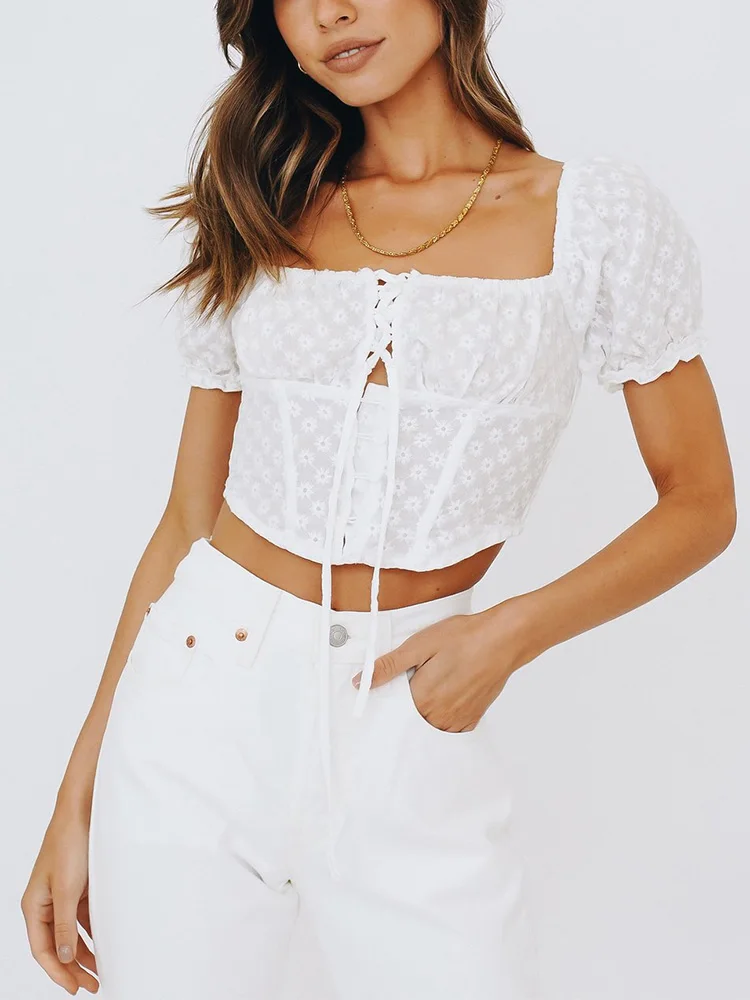 

Tops Women 2022 Short Puff Sleeve Embroiery Blouse White Top Square Neck Lace Up Tie Bow Back Smocked Button Up Summer Crop Top