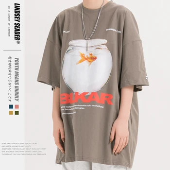 

Lindsey Seader Unisex Men Tshirt Print Goldfish Tank Letters Short Sleeve Harajuku Casual Loose Version Fashion T-shirt Top Tee