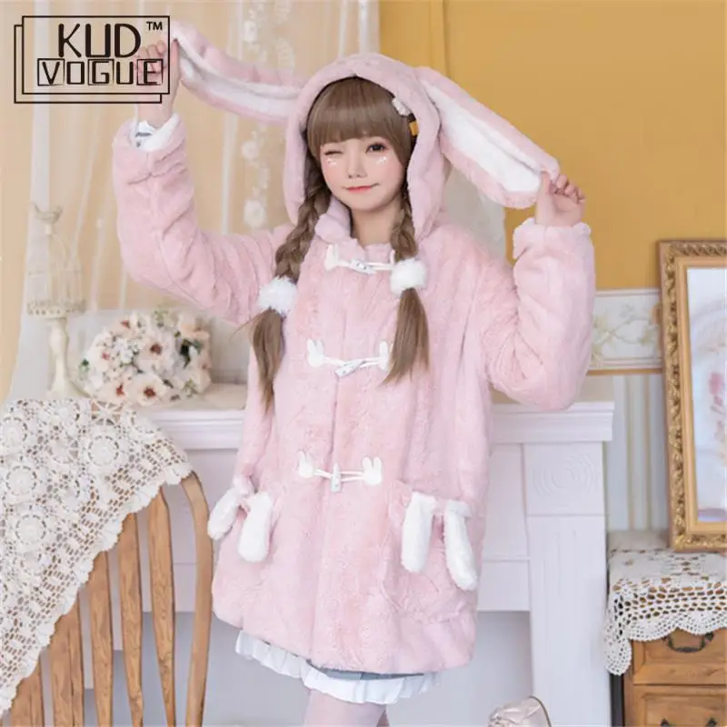 

Women Hoodies Winter Cartoon Coats Harajuku Lolita Pink Overcoat Japenese Style Cute Rabbit Ear Kawaii Warm Thick Velvet Jacket