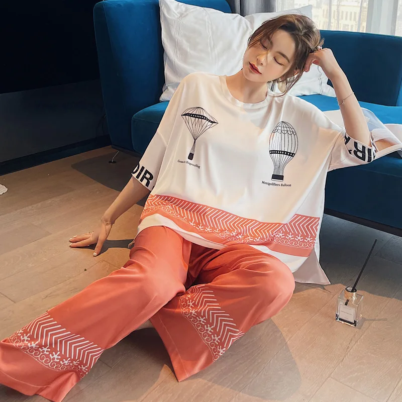 

Женская ночная рубашка с принтом, одежда для сна с круглым вырезом, пижамный комплект из 2 предметов, повседневный комплект для сна, интимное белье, новая Пижама на весну и осень