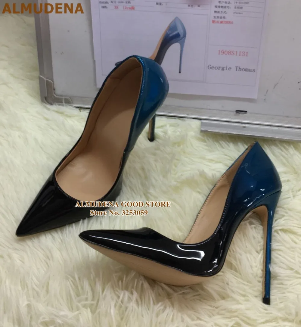 1908S1131 天蓝拼黑色漆皮渐变尖头 12cm 名流