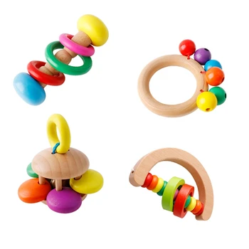 

1PC Wooden Baby Rattles Toys Hand Teething Wooden Ring Musical Educational Instrument Colorful Toddlers Rattle Children Gift Toy
