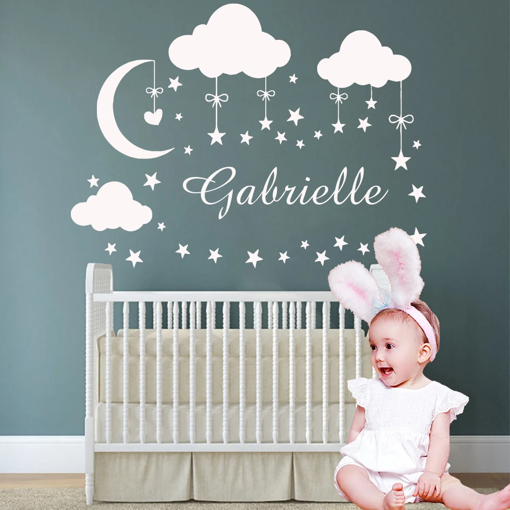 Personalized Custom Name Wall Sticker Moon Stars Vinyl Stickers For Kids Babys Babys