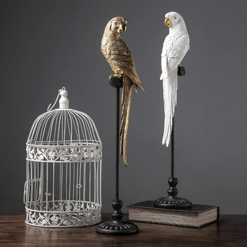 

White Gold Parrot Standing On A Stand Figures Sculpture Resin Crafts Home Decoration Retro Animal Bird Statues Ornaments Gifts