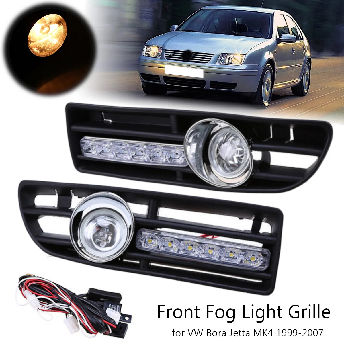 

Hot New 2Pcs Car Front Lower Bumper Fog Light Cover Grille with LED DRL for VW Bora Jetta MK4 1999-2007