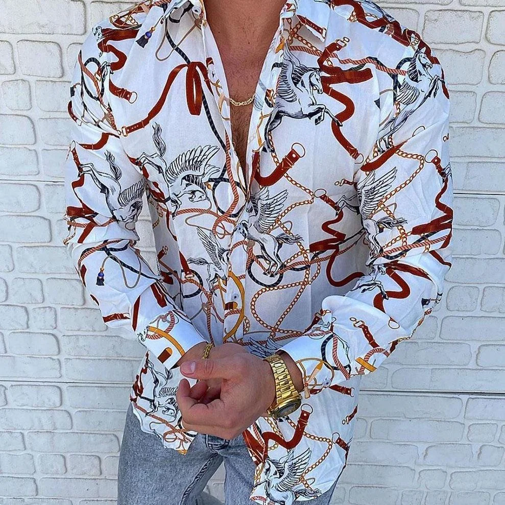 Casual Men Slim Fit Print Party Club Shirt Luxury Brand Printed Shirt 2021 Spring and Autumn Men Fashion Trend Long Sleeve Shirt