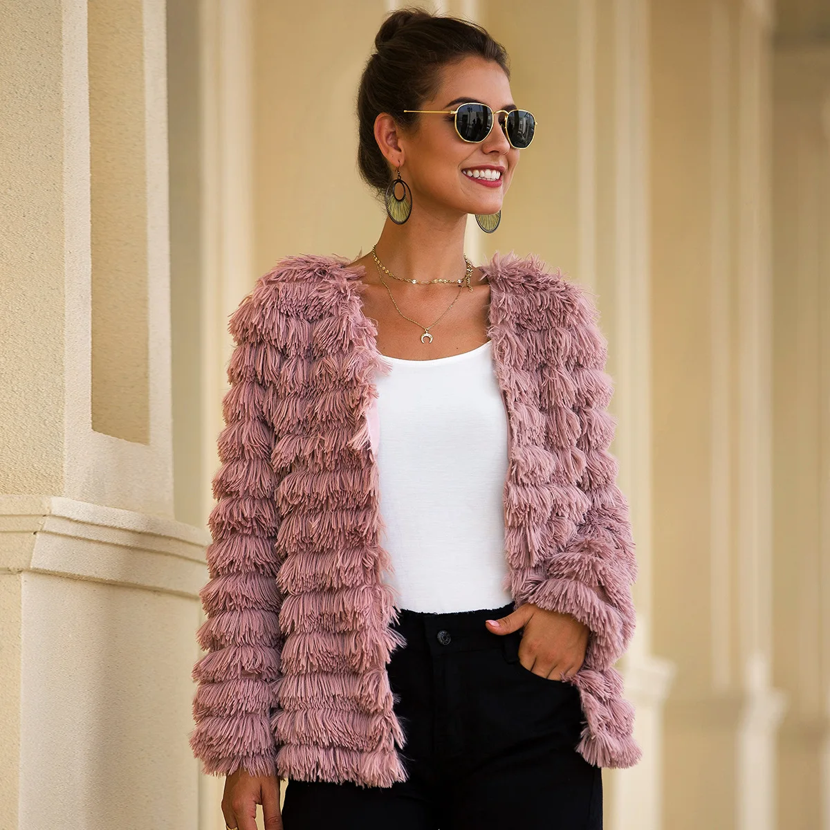 Elegant Loose Fur Outwear For Women Winter Faux Fur Coat Women Pink Furry Fur Jacket Pink Cardigan Fur Streetwear New