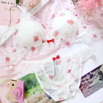 

Strawberry Printed Japanese Sexy Mesh Bra & Panties Set Wirefree Soft Underwear Intimates Set Kawaii Lolita Bra& Panty Set