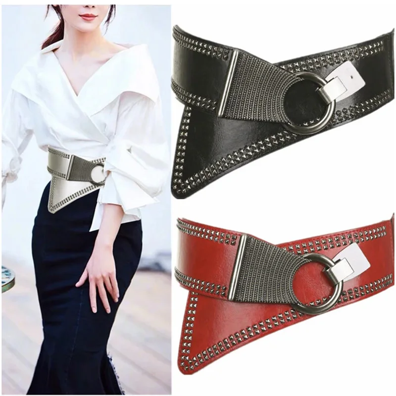 Elastico Elasticizzato Retrò Vita Larga Moda Donna Cinture Rivetto Selvaggio Cinturino In Pelle Cappotto Femminile Pelliccia Hige Cinturino In Vita Ac