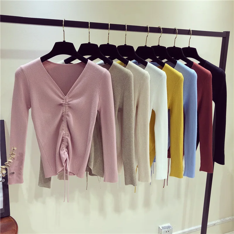 2019 Autumn Long Sleeve Bottoming Knitted Sweater Women Solid Slim Drawstring Bustier Crop Top Sexy V-Neck Pullover for 11 Color | Женская