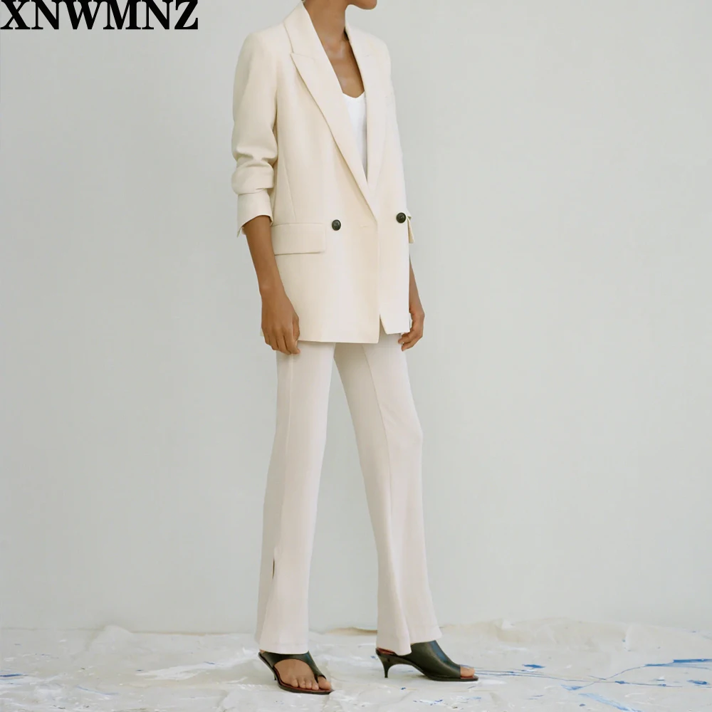 

XNWMNZ za Office Lady Notched Blazers Women Fashion White Double Breasted Jackets Women Elegant Long Sleeve Suits Female Ladies