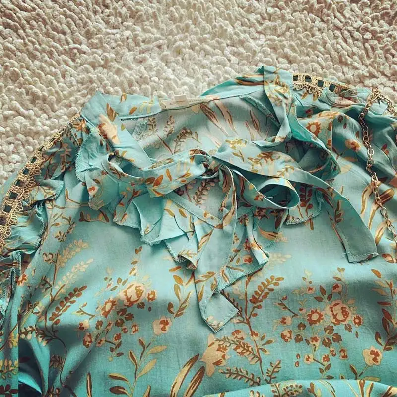 Boho Бирюзовая блузка для женщин с v-образным вырезом шикарные цыганские женские рубашки Повседневный с рукавом-фонариком Лето Весна Топ