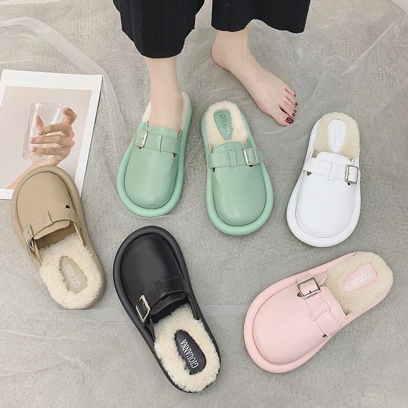

Luxury Slides Slippers Fur Mules Womens Shoes Loafers Cover Toe Low Designer Plush Flat with fur Rubber Buckle Strap PU Basic
