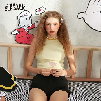 

ELFSACK Multicolor Solid Ruffles Casual Slim T-Shirt Women 2020 Spring New Colorblock Sleeveless Ladies Korean Daily Clothes