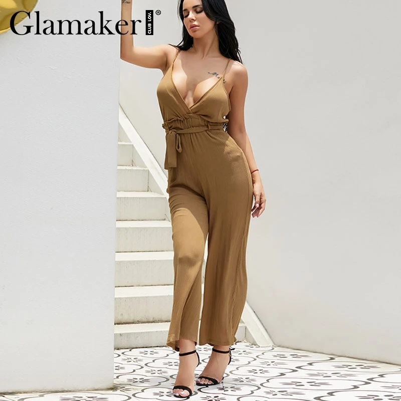 Женский комбинезон Glamaker длинный с высокой талией и треугольным вырезом на