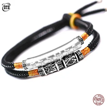 

999 Sterling Silver Om Mani Padme Hum Engraved Double Layers Handmade Braided Bracelet For Men Vintage Lucky Rope Chain