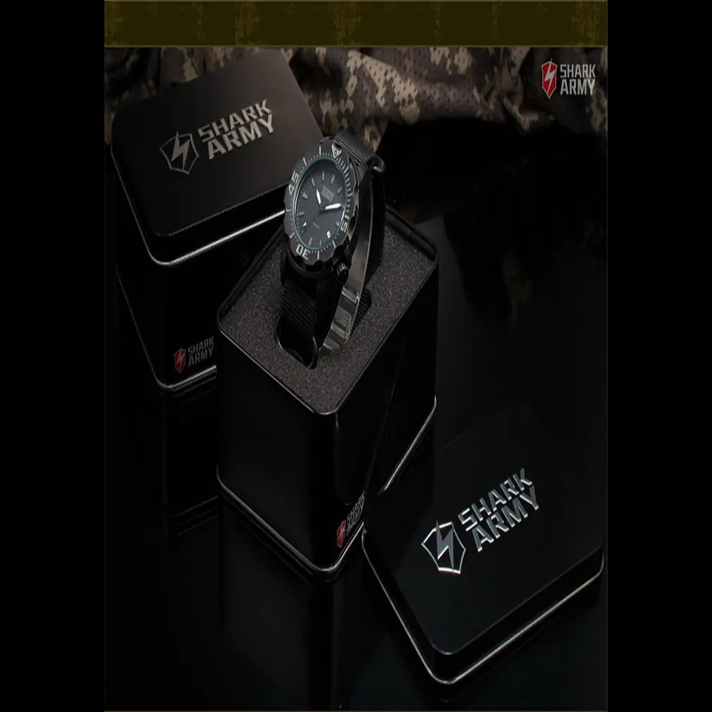 Billig SHARK ARMEE Voller Stahl 100m Wasserdicht Datum Display Schwarz Nylon Band Leucht Hände Reloj Military Sport Quarz Männer Uhr  SAW193